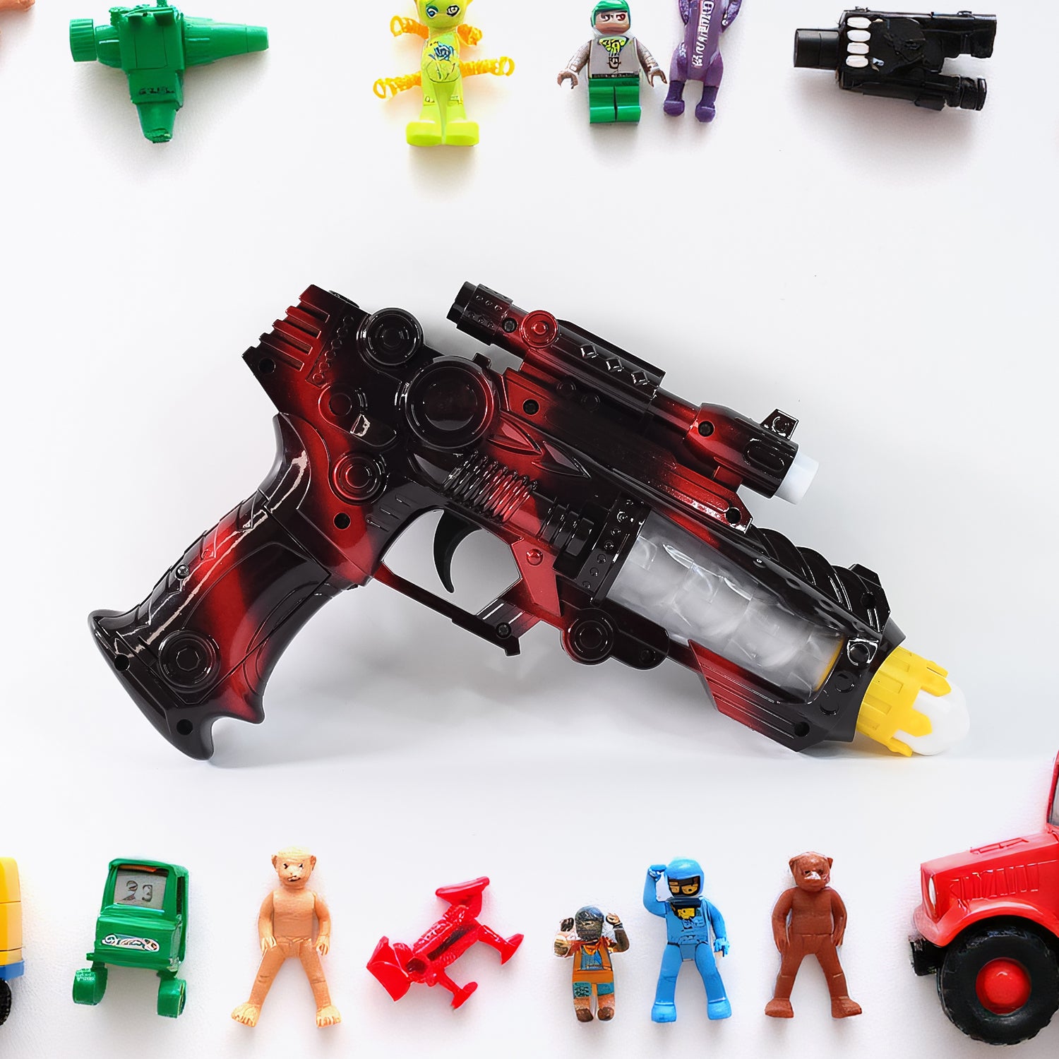Wukusy Ttg LED flashing sound laser toy gun with lights and music, battery-operated space gun for kids, in vibrant colors.