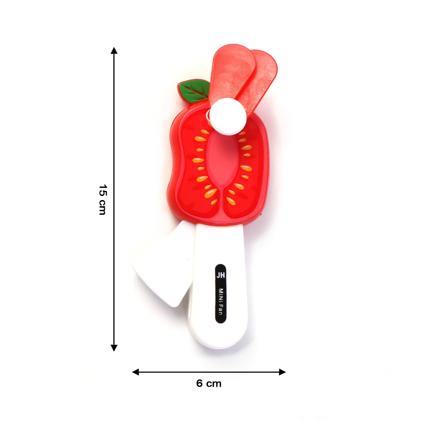 Mini hand pressure fruit-shaped fan for kids by Wukusy, showing colorful fruit designs and compact handheld size.
