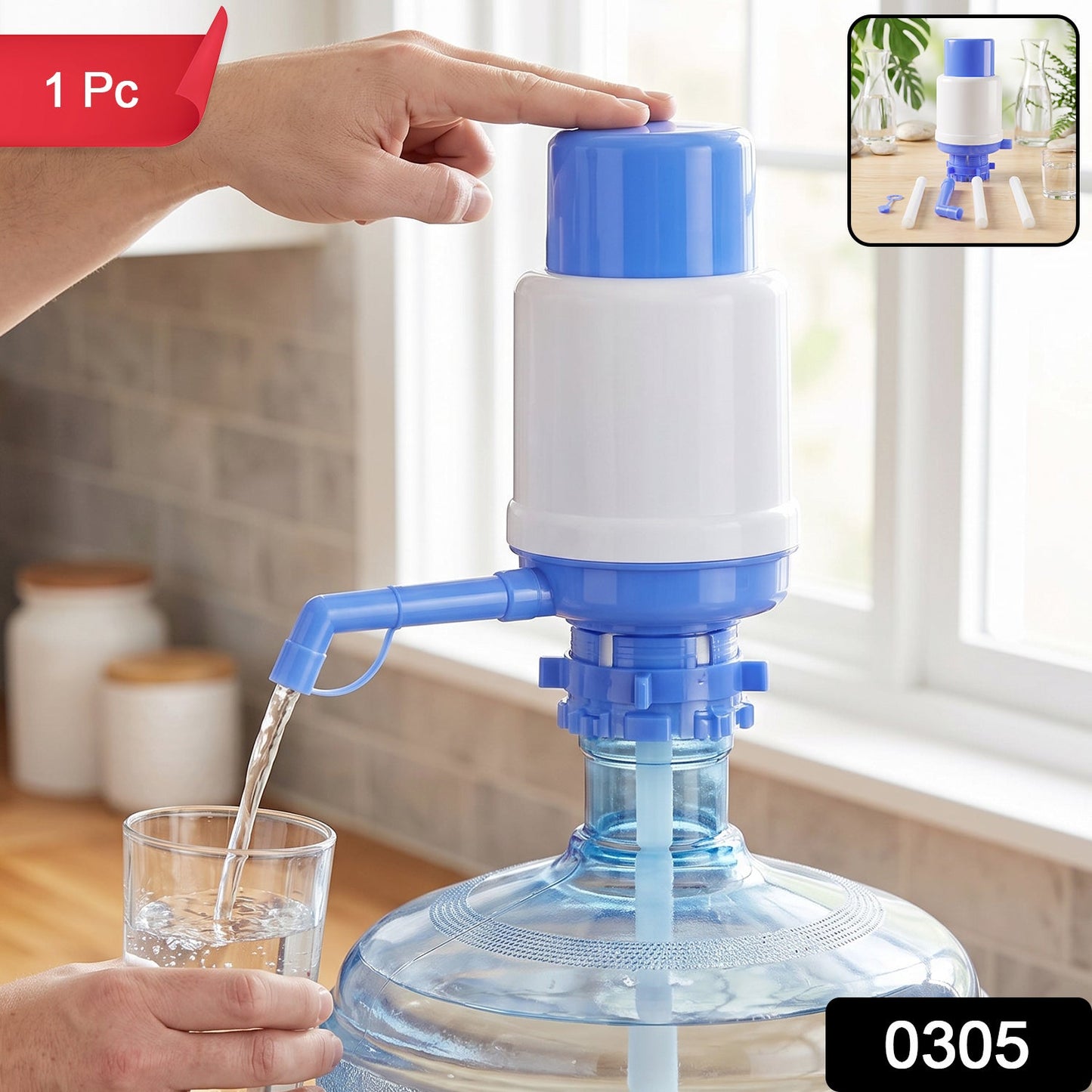 Wukusy manual hand pump dispenser for 20-liter water cans, showing the pump handle and spout attached to a water container.