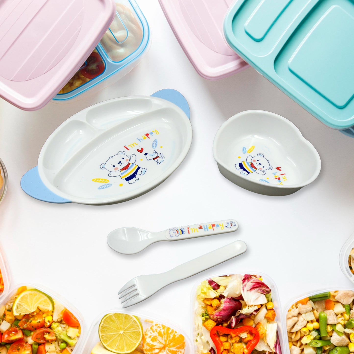 Wukusy 5-in-1 baby feeding set with cartoon design plates, cups, spoon, and fork for kids and toddlers, microwave and dishwasher safe