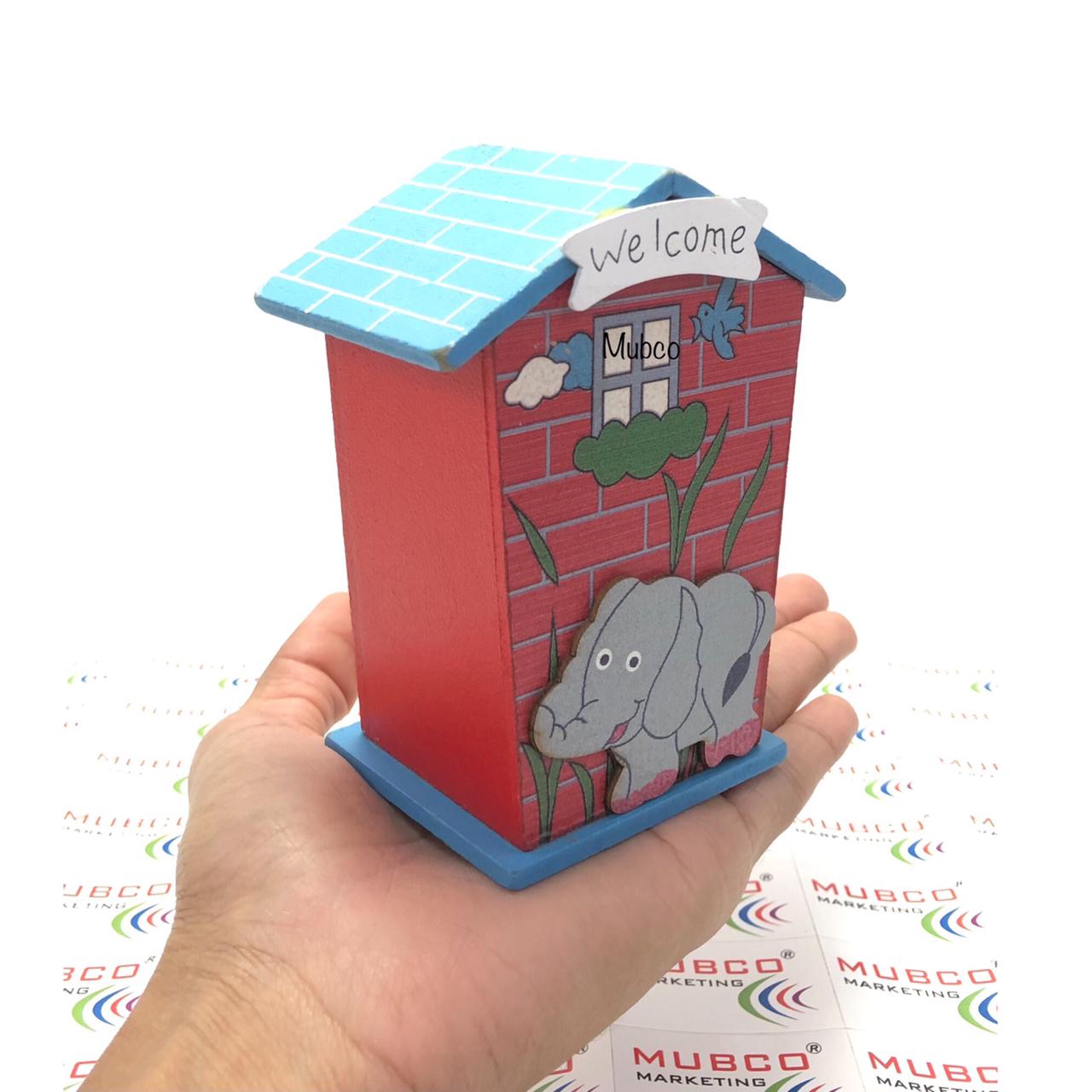Wooden piggy bank shaped like a cute cartoon house with a pig figure, by Wukusy, ideal for saving coins and money.