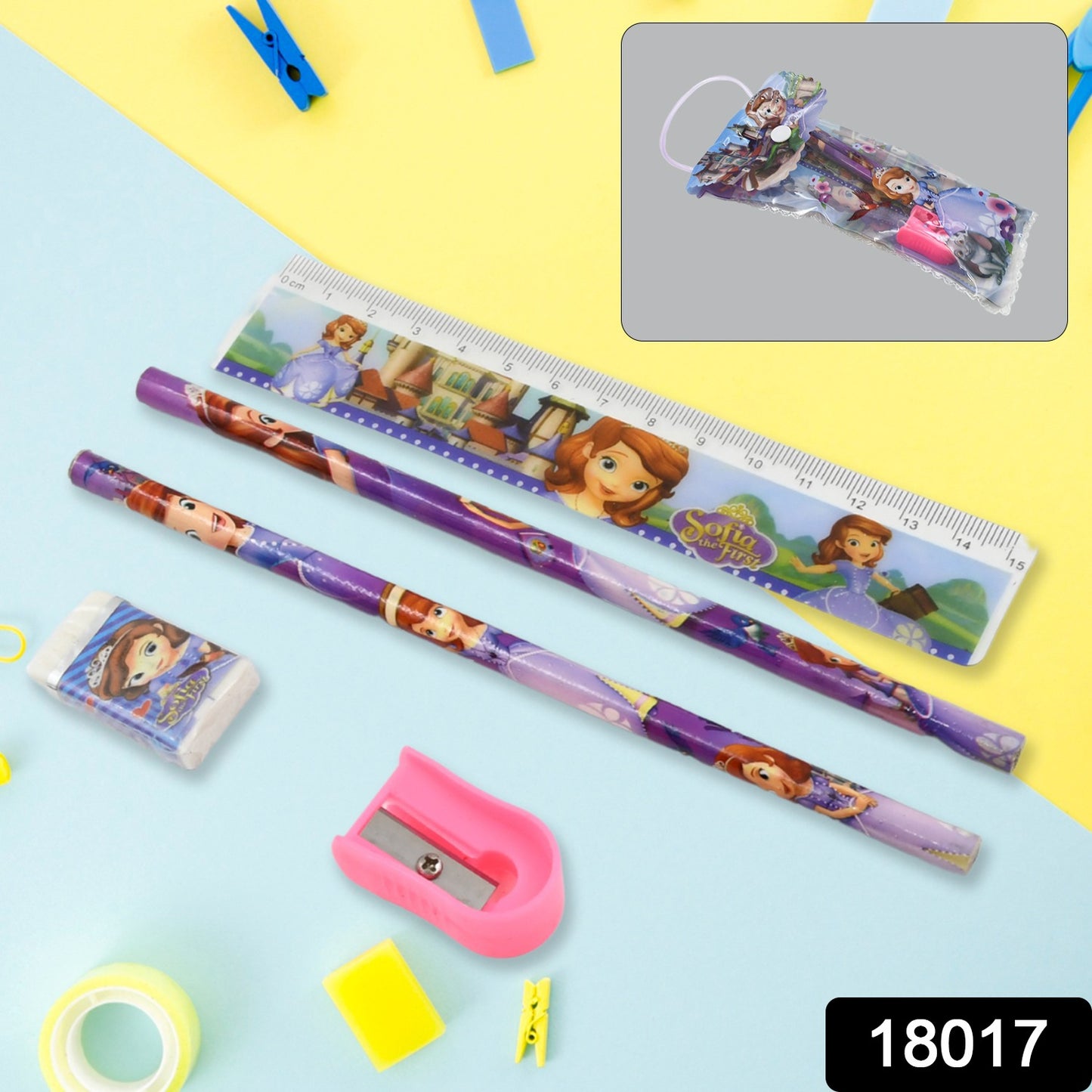 Wukusy 5-in-1 kids stationery gift set including pencils, ruler, rubber eraser, sharpener, and other office supplies on white background.