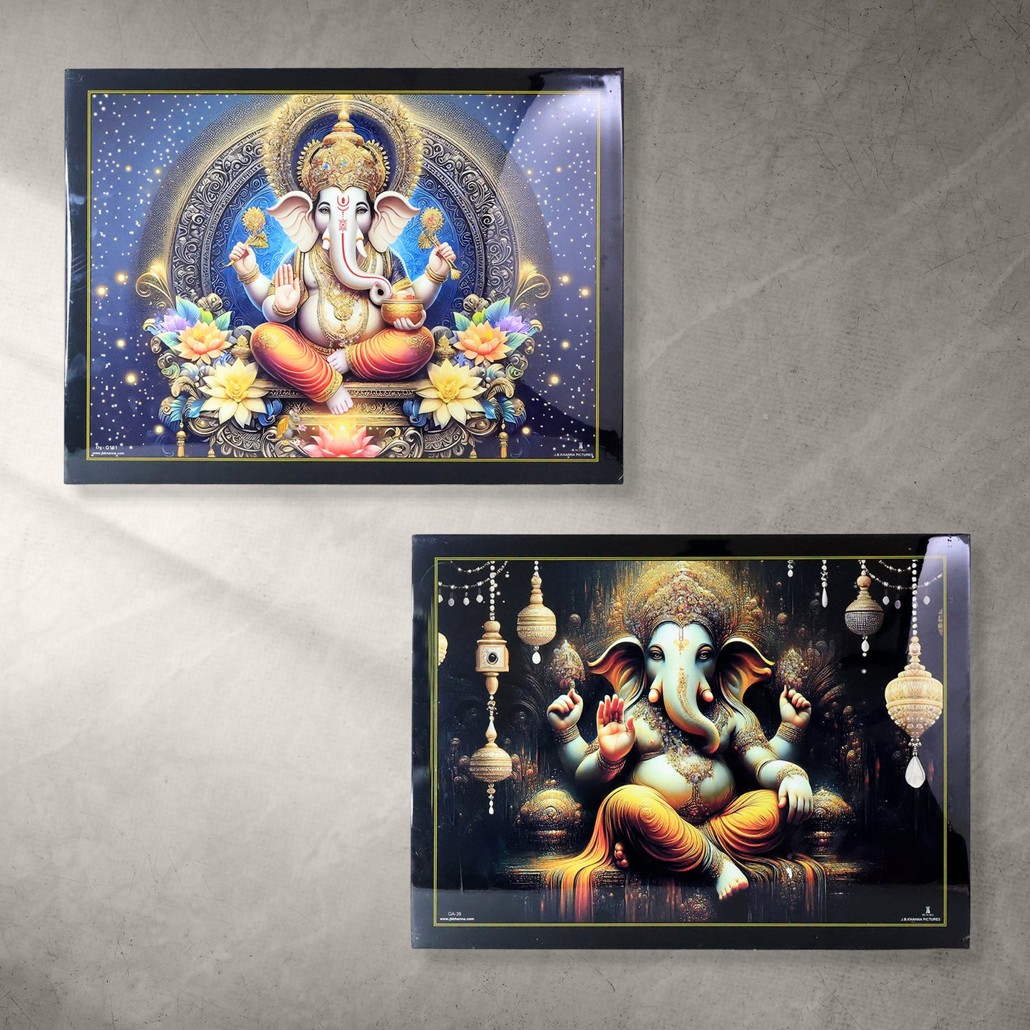 Divine Lord Ganesha wall painting with wooden frame, mix design, 60x45 cm, home decor by Wukusy, featuring intricate artwork.