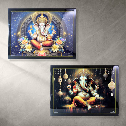 Divine Lord Ganesha wall painting with wooden frame, mix design, 60x45 cm, home decor by Wukusy, featuring intricate artwork.