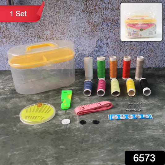 Wukusy double-layer portable travel sewing kit with colorful needles, threads, scissors, pins, and hand sewing accessories inside a compact box.