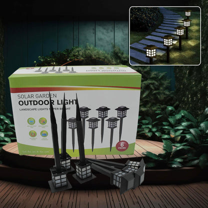 Set of six Wukusy solar outdoor lights with waterproof LED pathway lights for garden walkways, driveways, and yards.