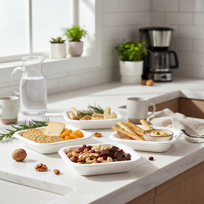 Set of 10 disposable square food serving trays by Wukusy, showing sleek white plastic trays ideal for parties and catering.