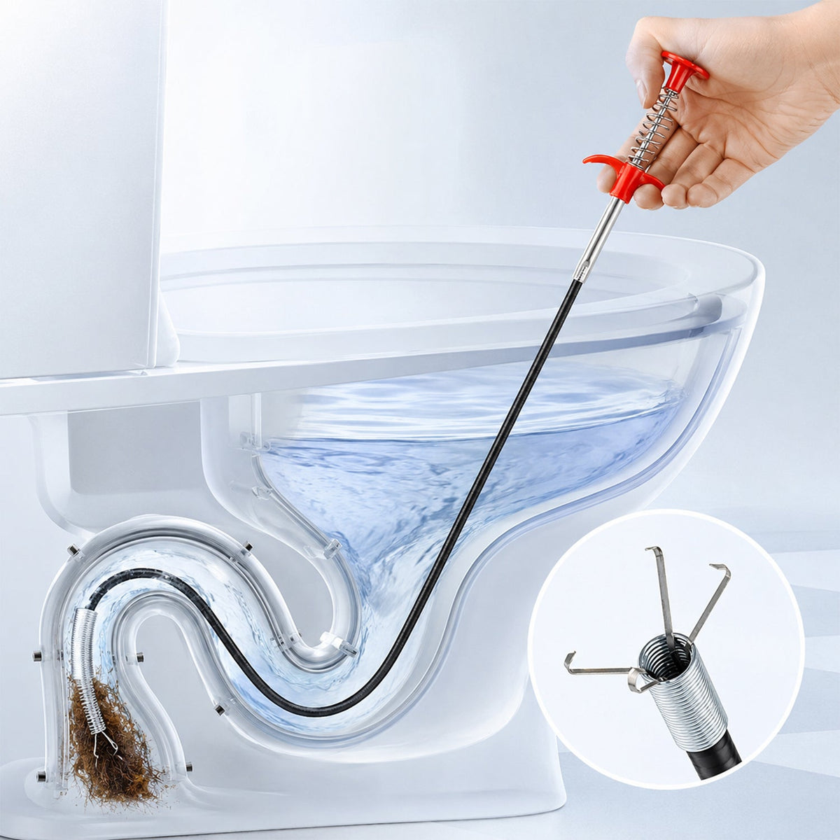Wukusy spring drain dredging tool with 61-inch sink cleaner claw grabber for removing clogs and debris from drains.
