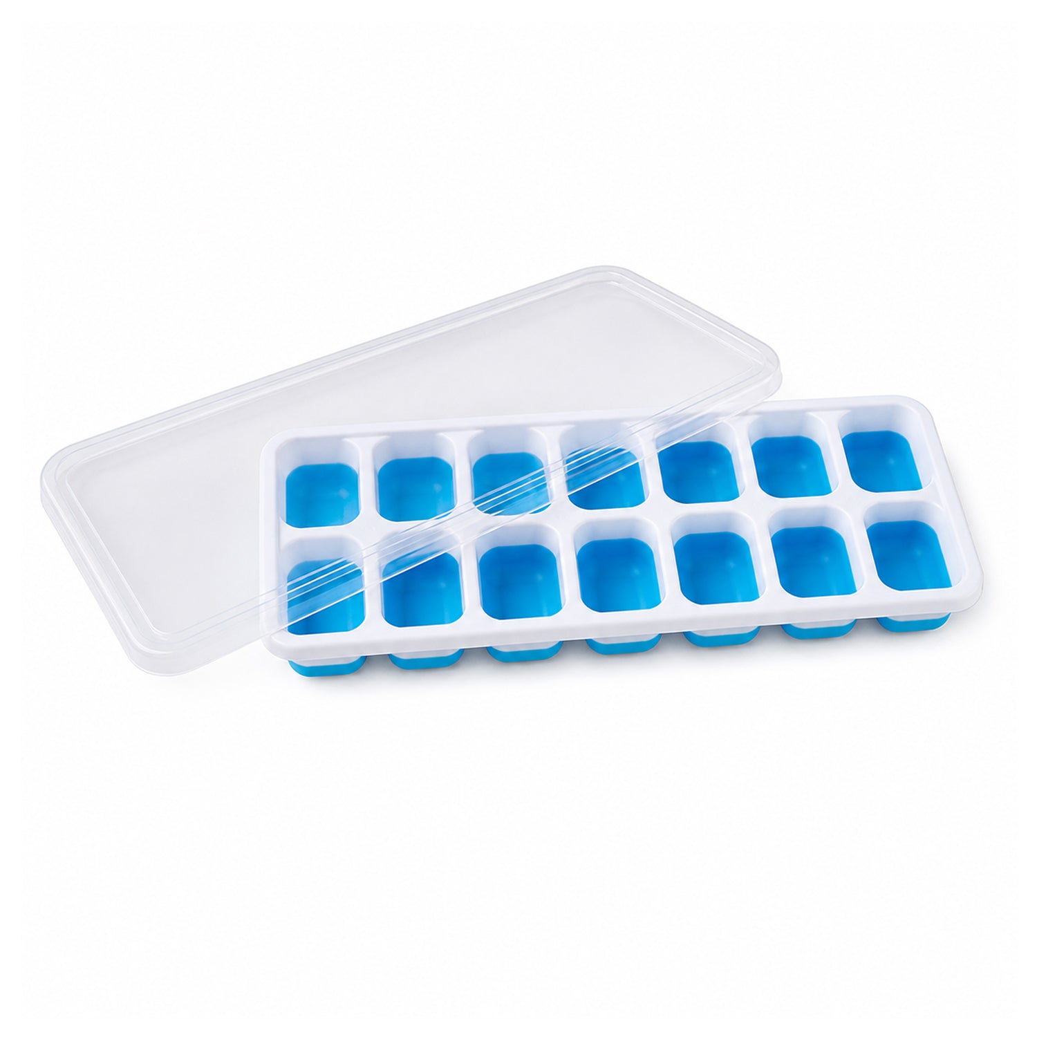 Wukusy multipurpose plastic ice cube tray with lid, 14-grid, showcasing clear tray with filled ice cubes ready for use