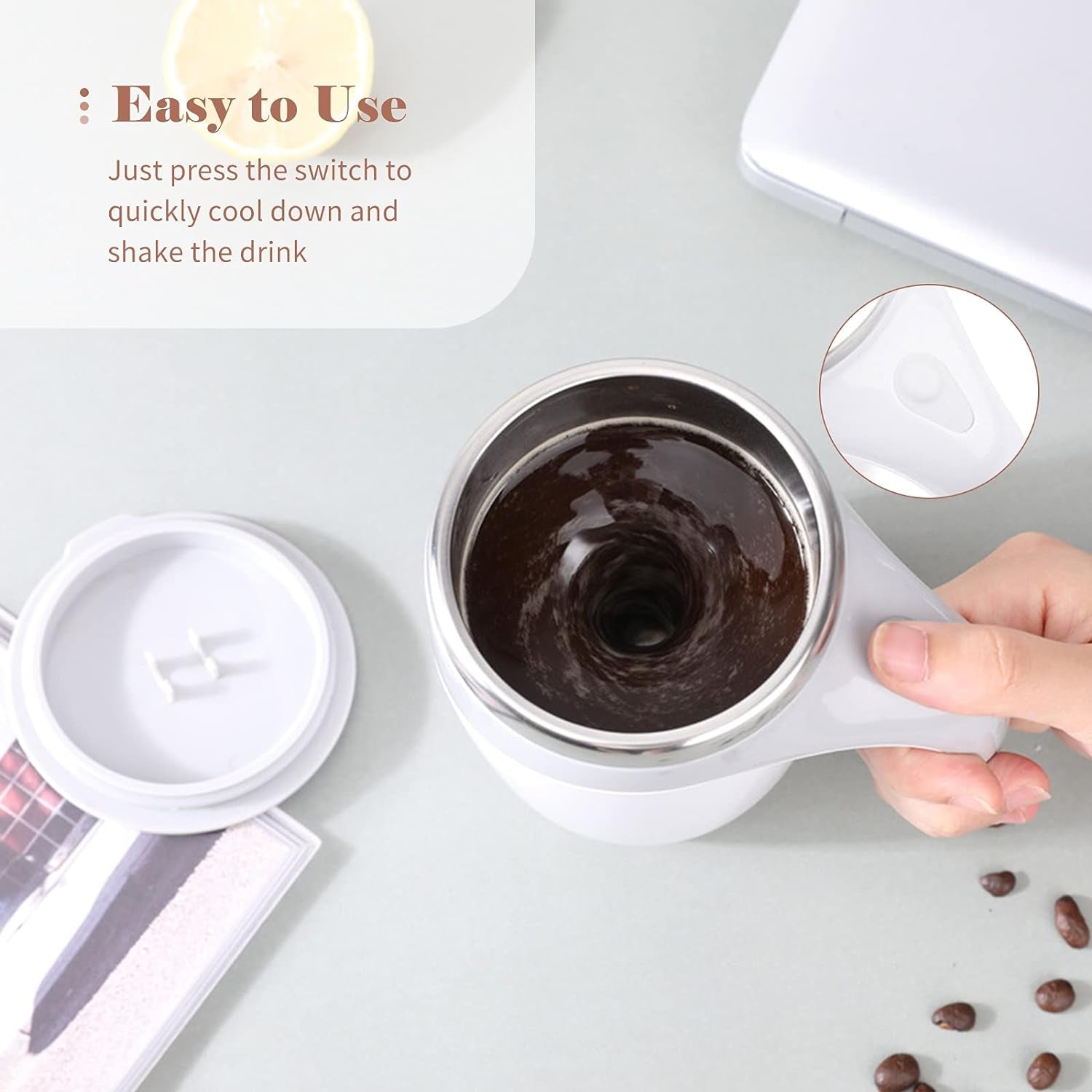 Wukusy 5545 Stirring Coffee Mug with magnetic mechanism, stainless steel travel cup for coffee, milk, or hot chocolate.
