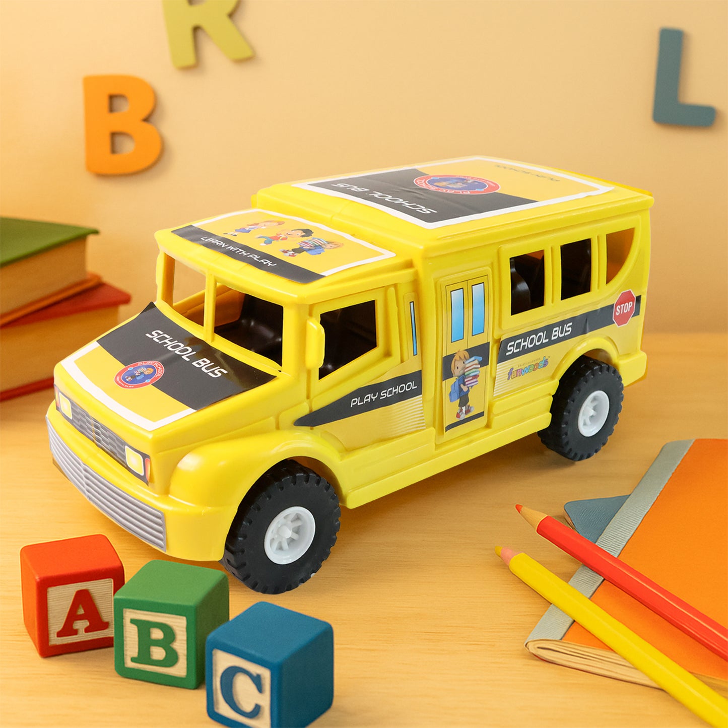 Wukusy Funwoods friction-powered school bus toy with bright yellow body and black wheels, designed for children’s play.
