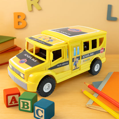 Wukusy Funwoods friction-powered school bus toy with bright yellow body and black wheels, designed for children’s play.