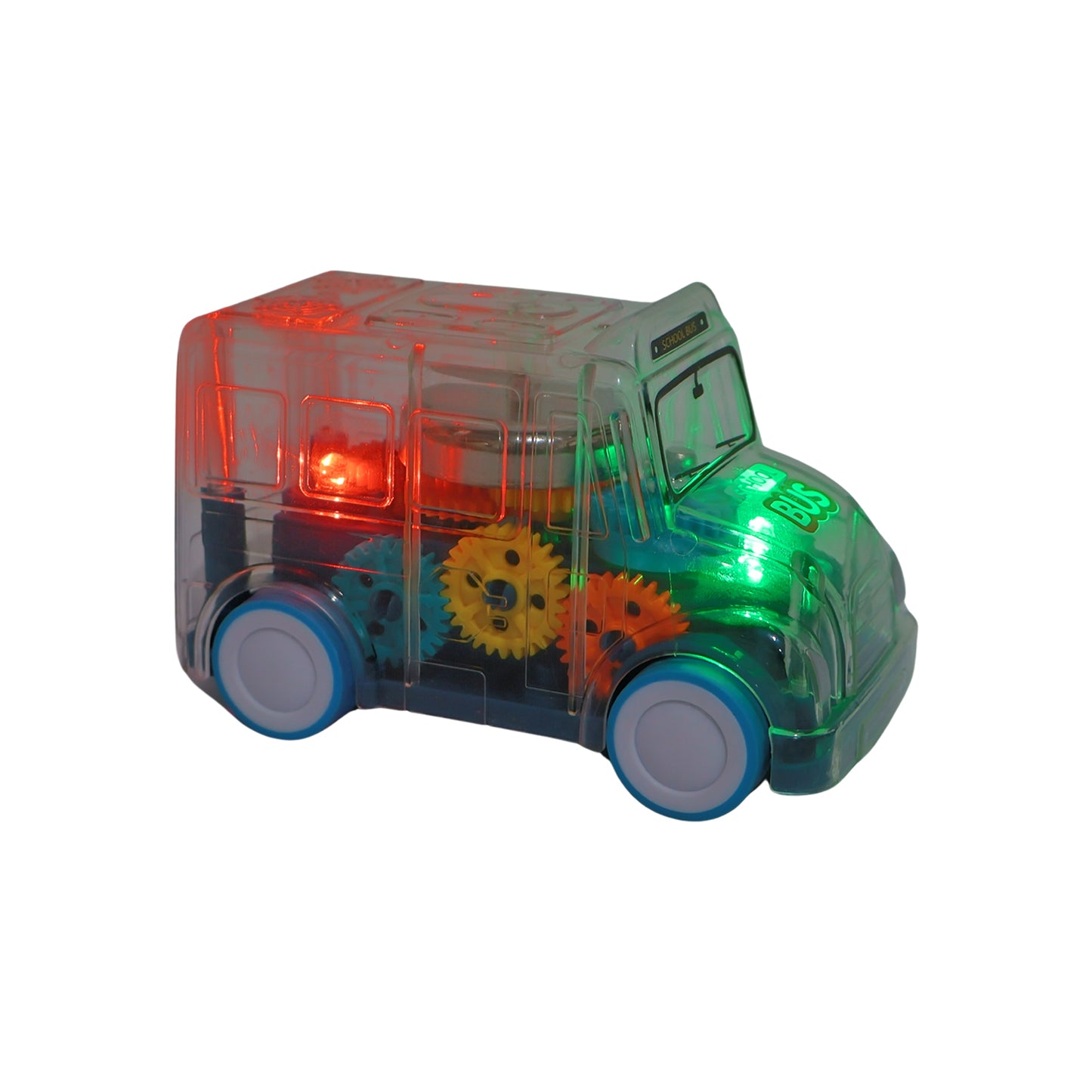 Kids transparent musical light-up school bus toy by Wukusy, featuring colorful lights and musical features for children.