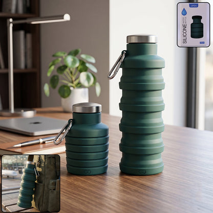 Wukusy silicone foldable collapsible 500ml leak-proof travel sports water bottle, shown in a collapsed and expanded state