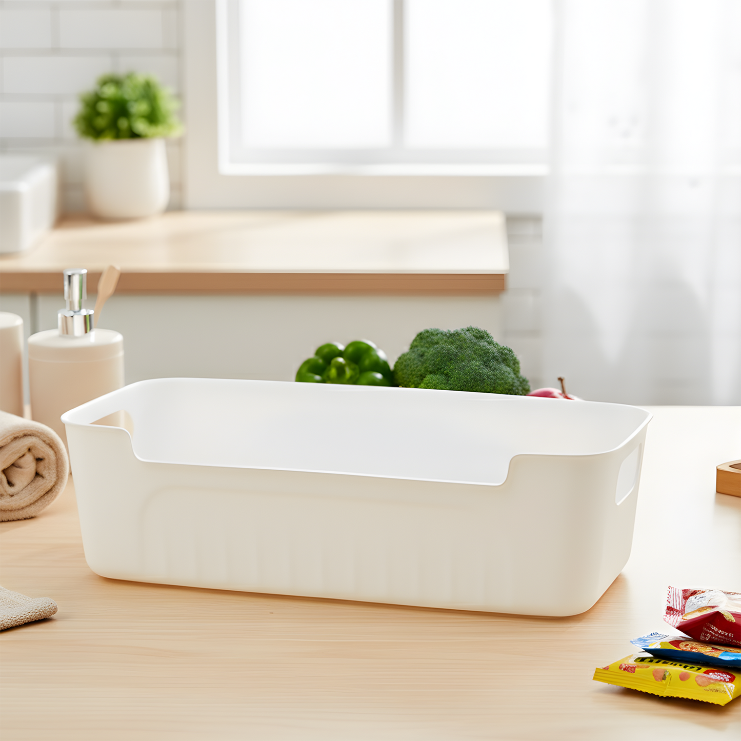 Set of four white plastic storage baskets by Wukusy, ideal for organizing home supplies and improving space efficiency.