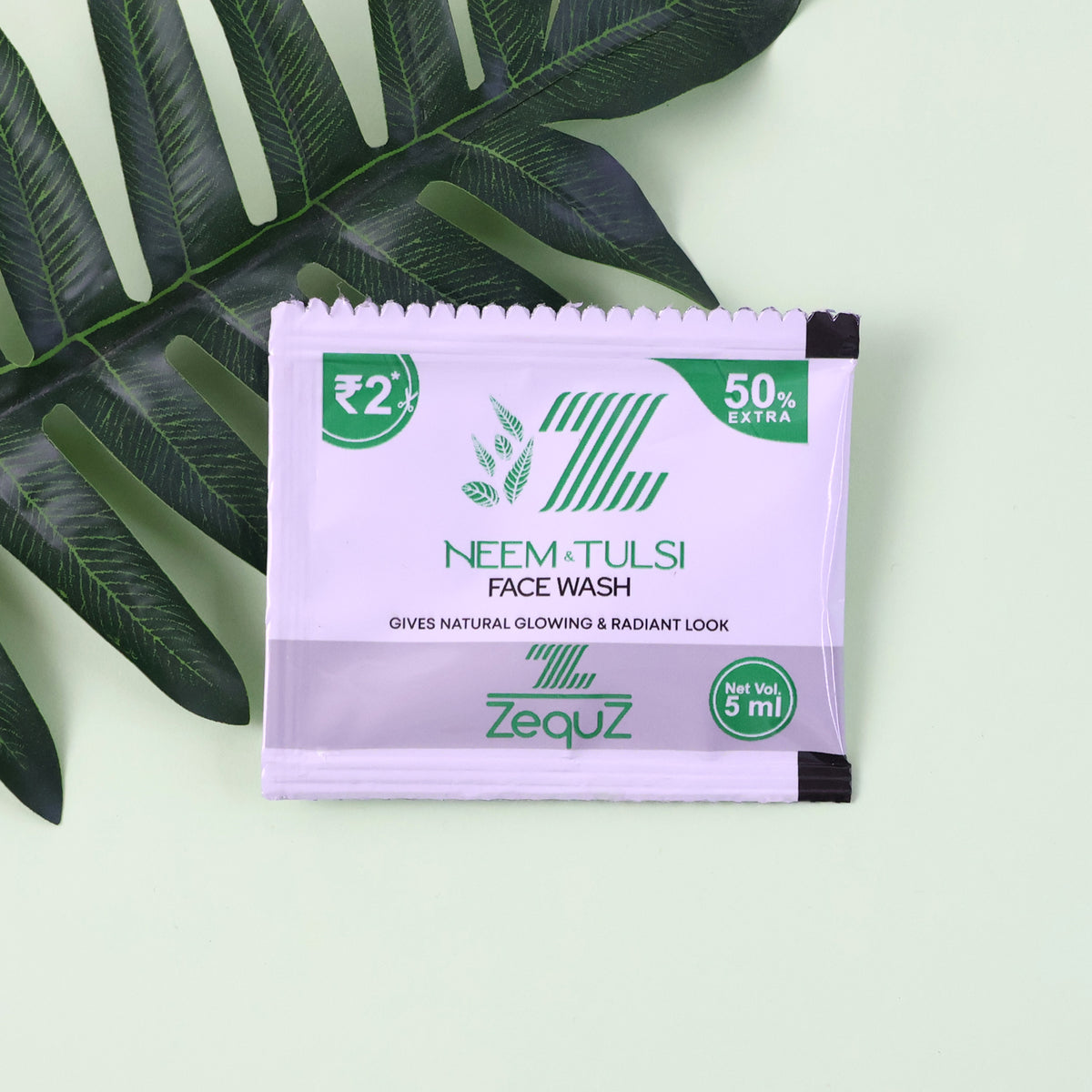 Wukusy Zequz Neem Tulsi herbal face wash sachet, 5ml, showing the small sachet with herbal ingredients for natural skincare.