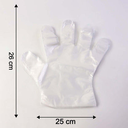 Box of 50 disposable clear gloves by Wukusy, showing all gloves neatly stacked inside a box.