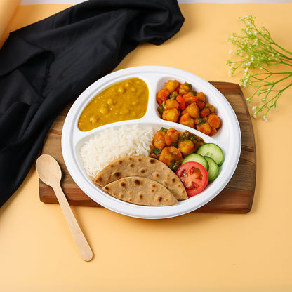 Wukusy Freshee 10-inch compostable bagasse plate with three compartments, set of 10, ideal for eco-friendly home and kitchen use.