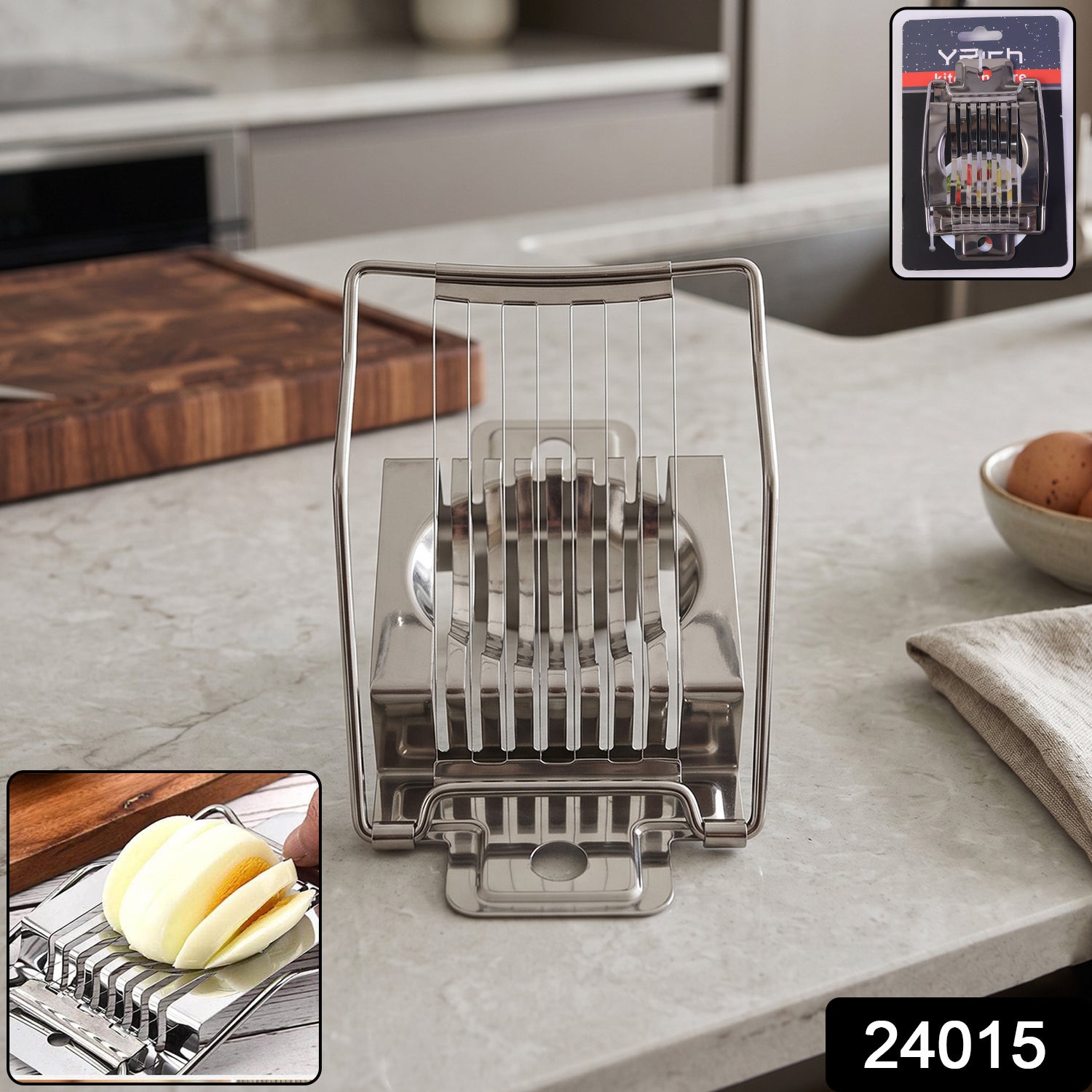 Wukusy stainless steel egg slicer cutter for boiled eggs, shown with evenly sliced boiled eggs on a kitchen countertop.