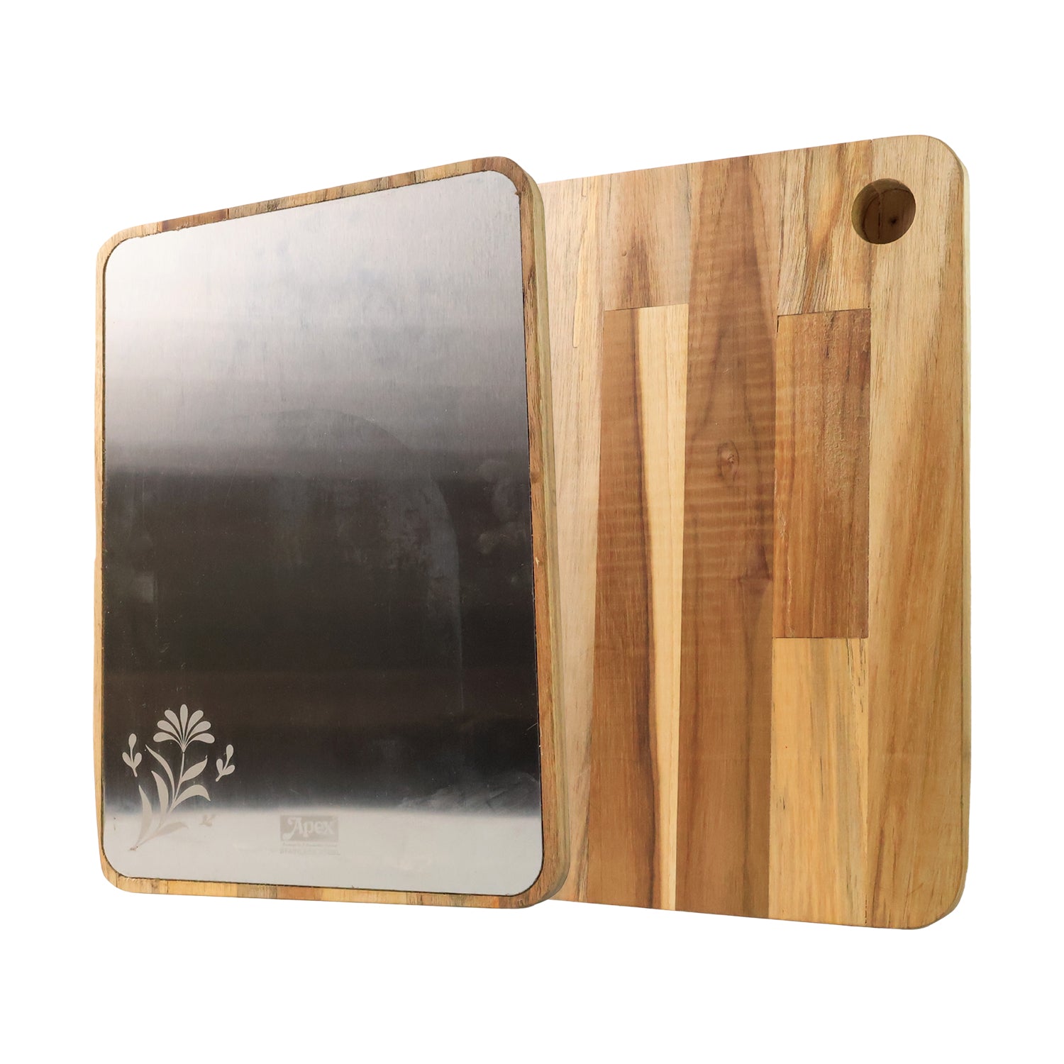 Wukusy Apex Steel Oak cutting board with wooden handle, durable kitchen accessory for chopping and food preparation.