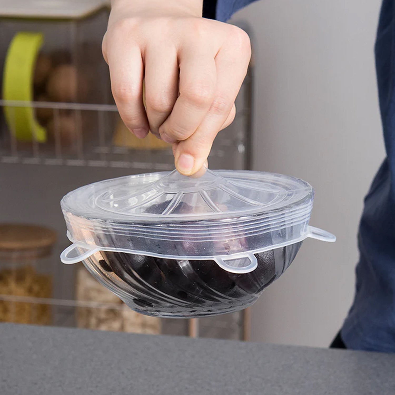 Set of six reusable, stretchable food covers by Wukusy, used to keep food fresh and protected from dust and insects.