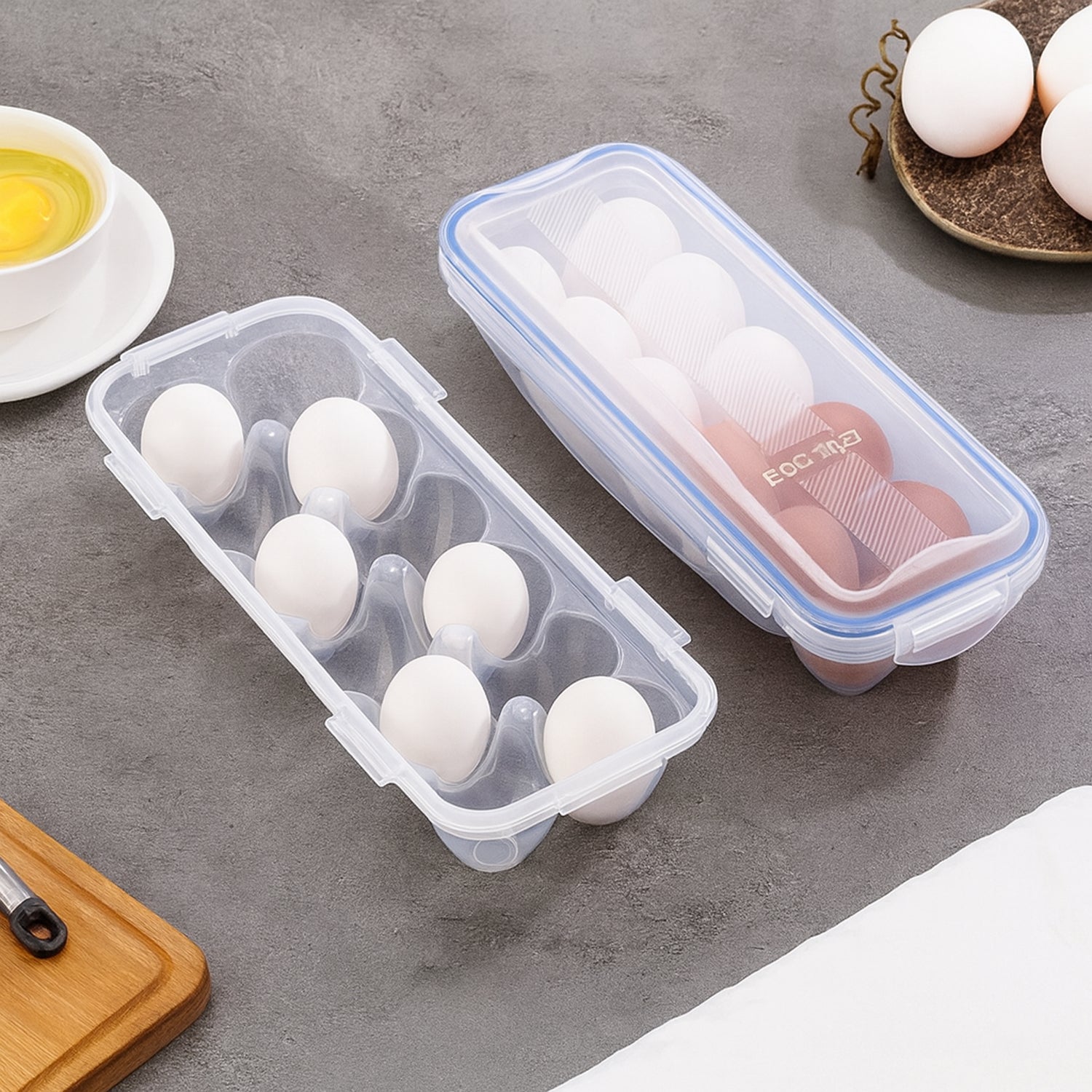 Wukusy egg storage tray holding a dozen eggs, made of durable plastic, designed for kitchen countertop or refrigerator storage.