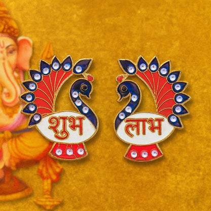 Decorative peacock design Shubh Labh wall hanging set by Wukusy, featuring intricate patterns for home decor.