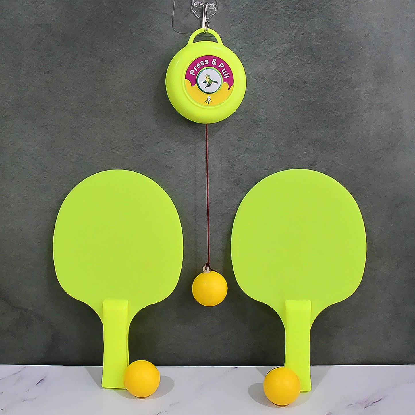 Wukusy hanging table tennis trainer set with three balls, compact toy for practicing table tennis skills at home.
