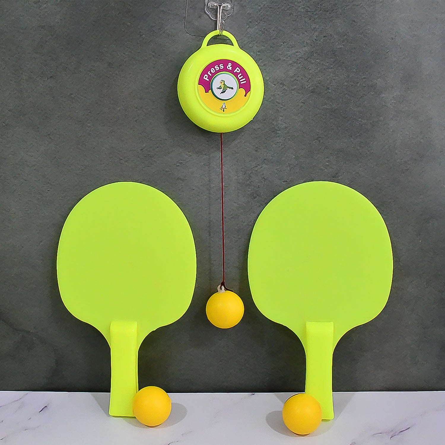 Wukusy hanging table tennis trainer set with three balls, compact toy for practicing table tennis skills at home.