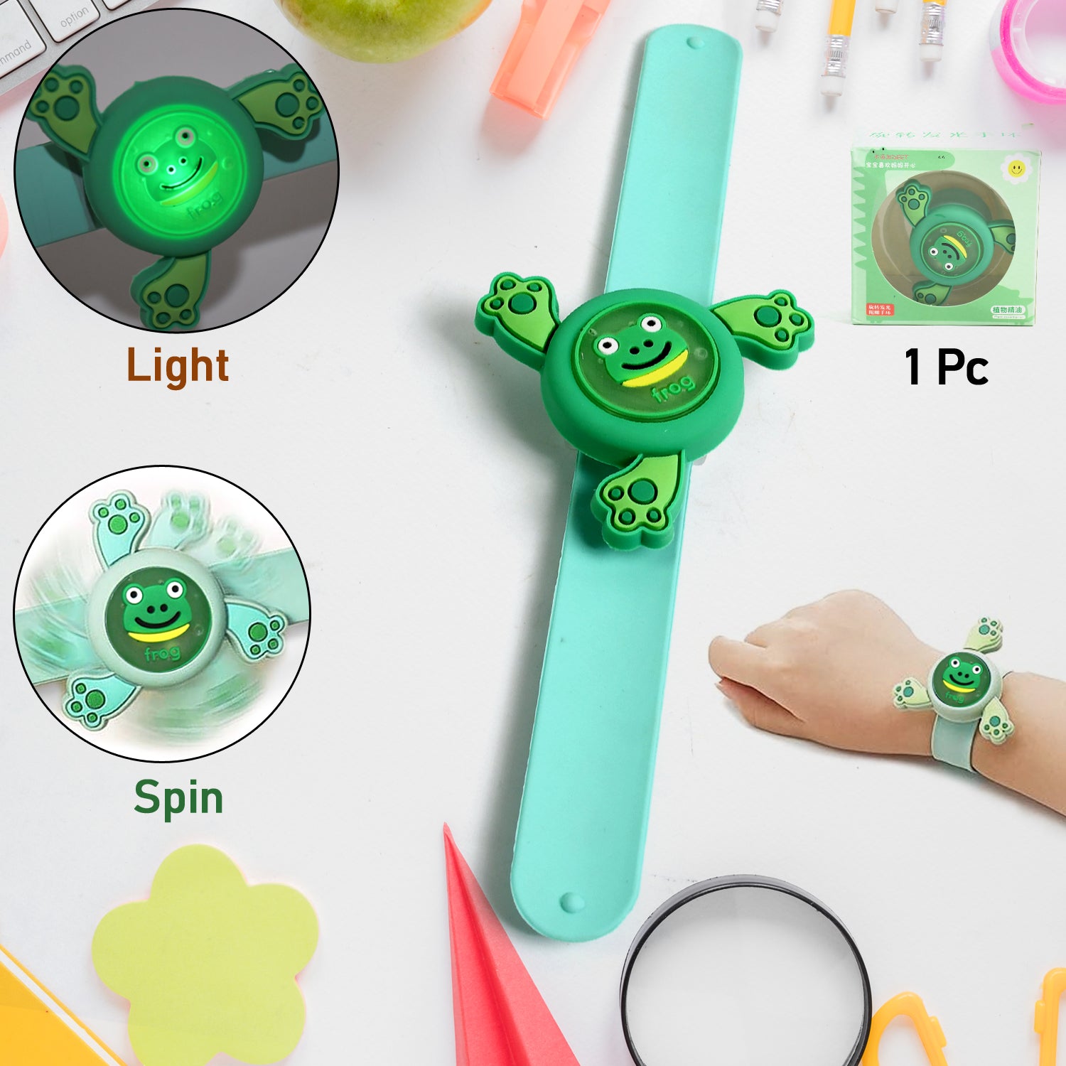 Colorful LED spinning slap bracelet featuring cartoon designs, suitable for kids, by Wukusy, showcasing its fun, light-up wristband.