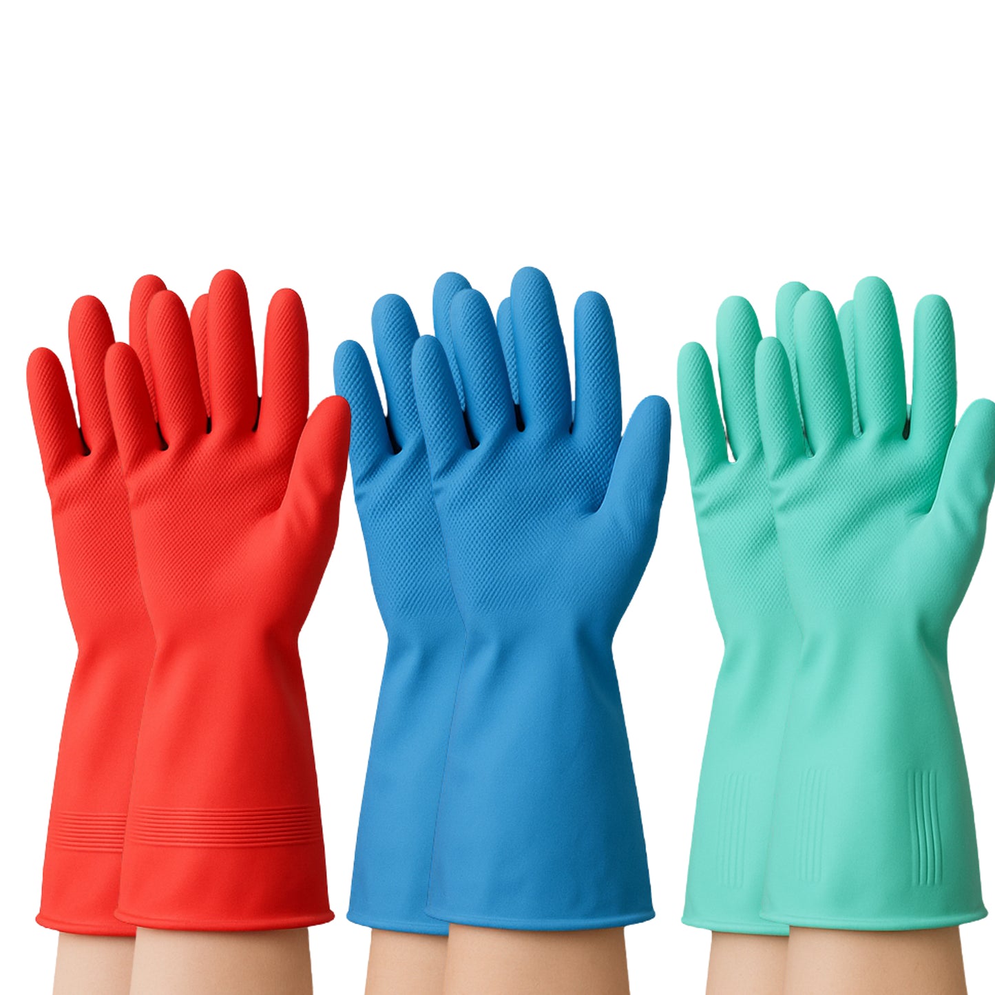 Pair of Wukusy long cuff multipurpose rubber cleaning gloves in mixed colors for home cleaning tasks.