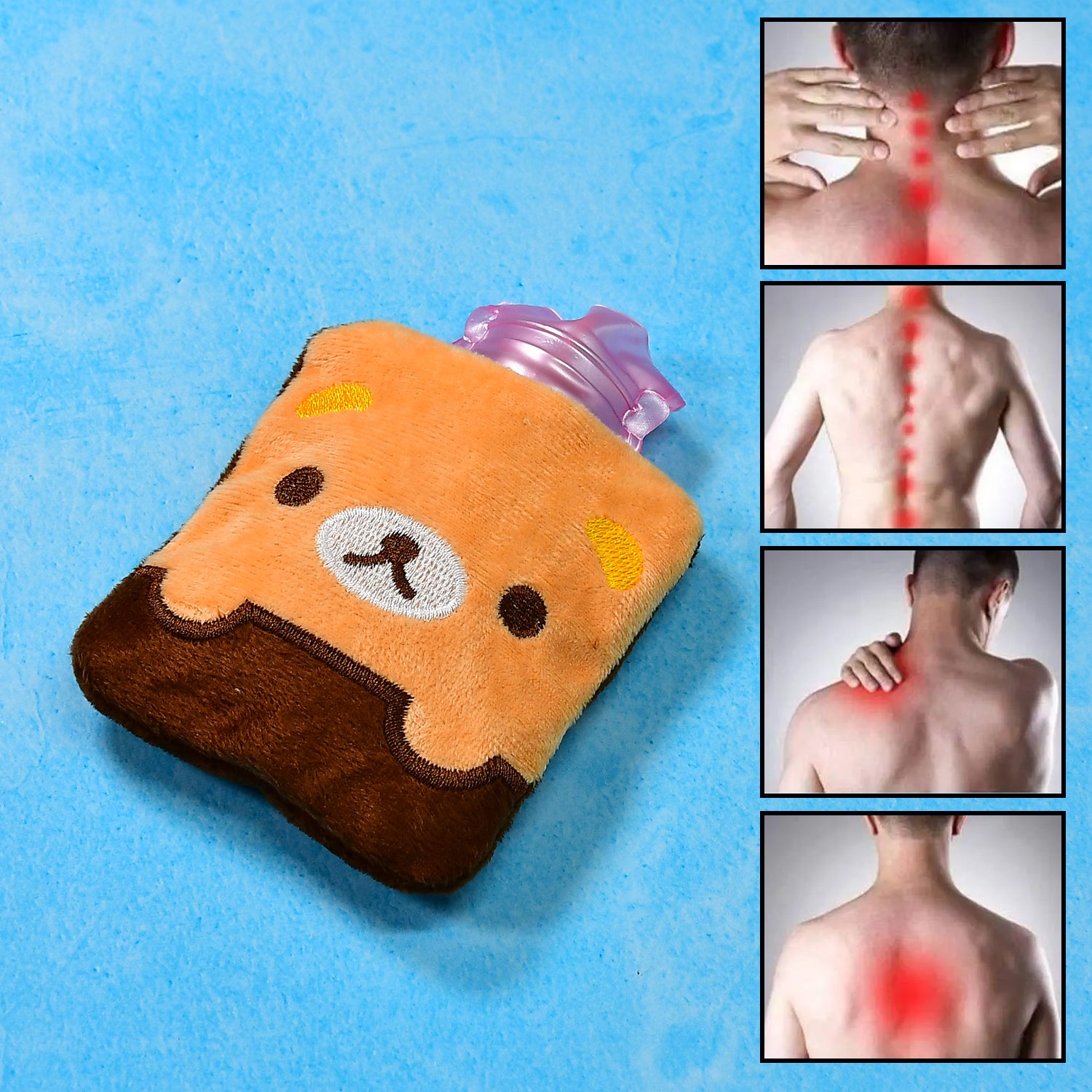 Brown panda print small hot water bag with cover by Wukusy, used for pain relief, neck, shoulder, hand, feet warmth, and menstrual cramps.