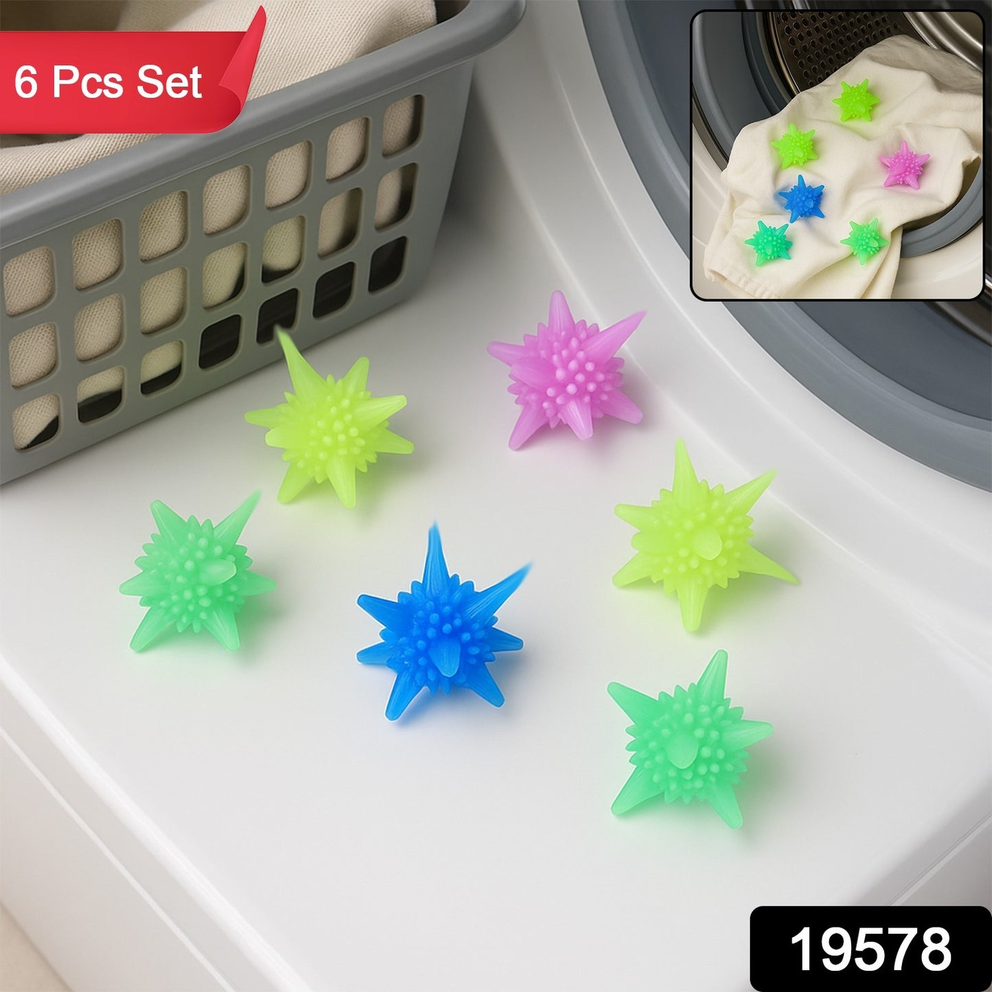 Six reusable soft spiky laundry balls from Wukusy for washing machines, designed to improve cleaning and fabric softness.