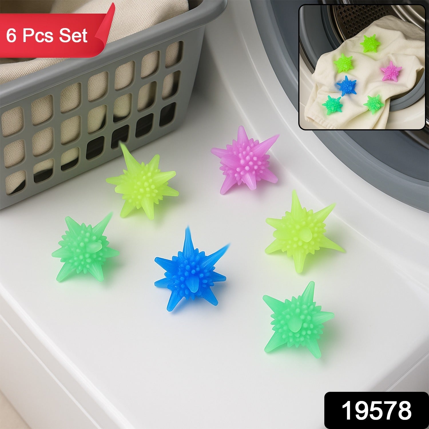 Six reusable soft spiky laundry balls from Wukusy for washing machines, designed to improve cleaning and fabric softness.
