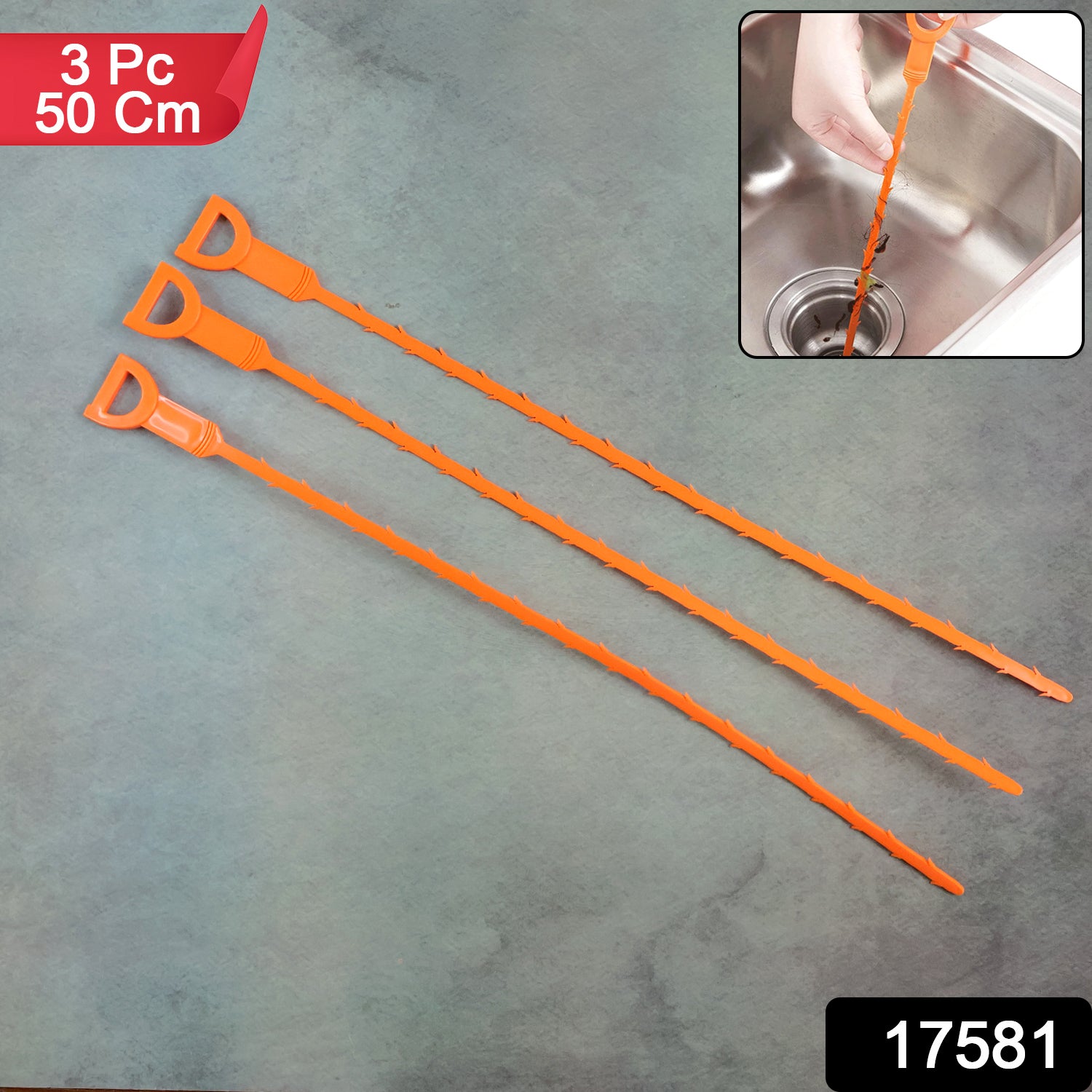 Set of three Wukusy flexible sink drain cleaning sticks, 50 cm long, used for clearing clogged kitchen or bathroom drains.