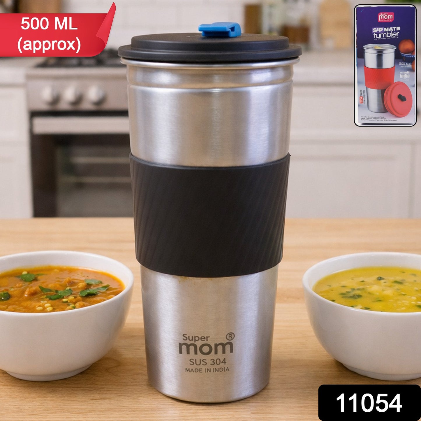 Wukusy Supermom stainless steel travel tumbler with lid and straw, 500ml capacity, ideal for beverages on the go