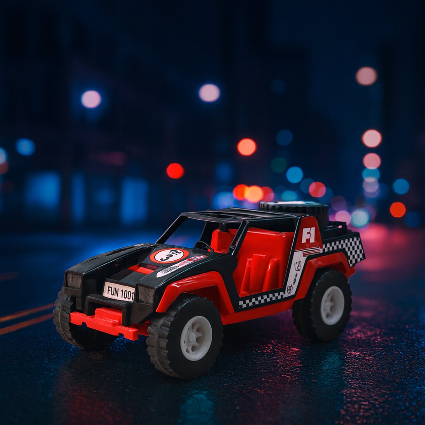 Wukusy Funwoods free-wheel racing Jeep toy car for kids, colorful plastic toy vehicle with realistic Jeep design.
