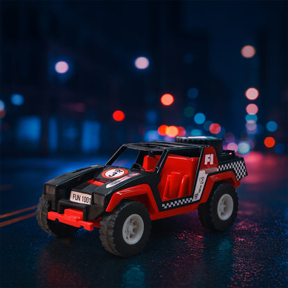 Wukusy Funwoods free-wheel racing Jeep toy car for kids, colorful plastic toy vehicle with realistic Jeep design.