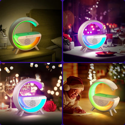 Wukusy 3-in-1 LED night lamp with Bluetooth speaker and wireless charging, shown illuminating a bedroom with colorful lighting