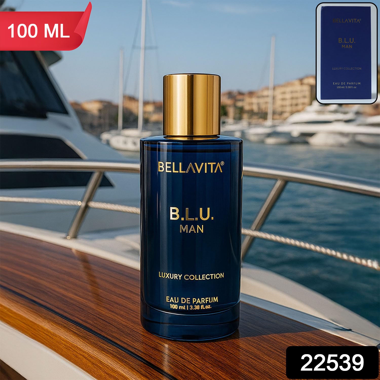 Bellavita Premium B.l.u. Man Eau De Perfume 100ml bottle by Wukusy, featuring a sleek glass design and elegant packaging.