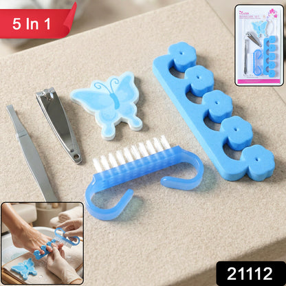 Wukusy Premium 5-in-1 Manicure Pedicure Kit with nail clippers, scissors, file, cuticle pusher, and tweezers on a white background.