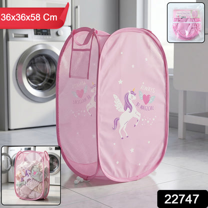 Foldable kids laundry basket by Wukusy featuring a colorful unicorn design, with handles and spacious 36x36x58 cm size.