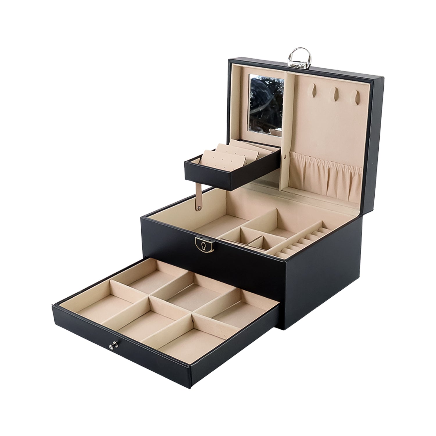 Wukusy multi-layer jewelry organizer box with compartments for necklaces, rings, and earrings, open view showing interior storage.
