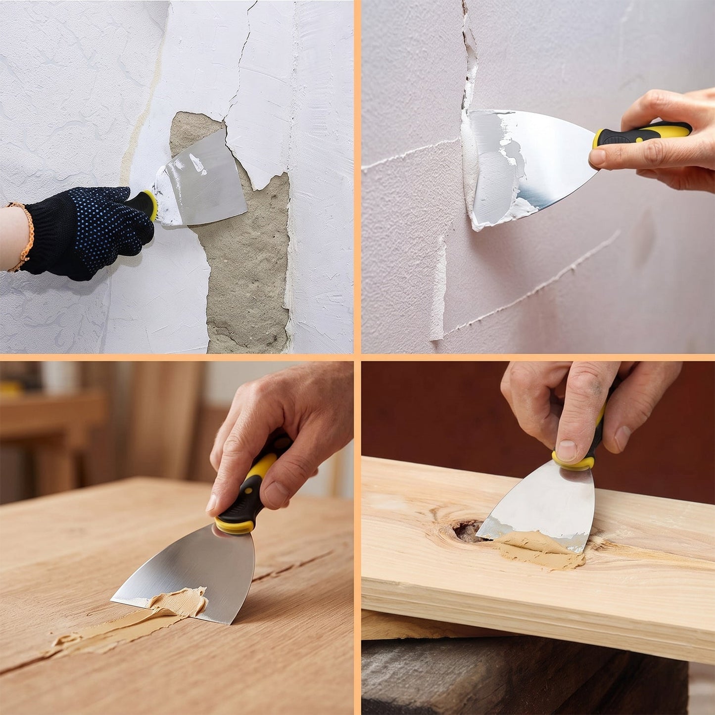 Flexible stainless steel putty scraper with 145mm blade for wall filler application, designed for ease of use and durability.