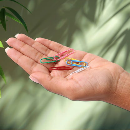 Set of 250 multicolor-coated office paper clips by Wukusy, showing vibrant clips ready for organizing papers.