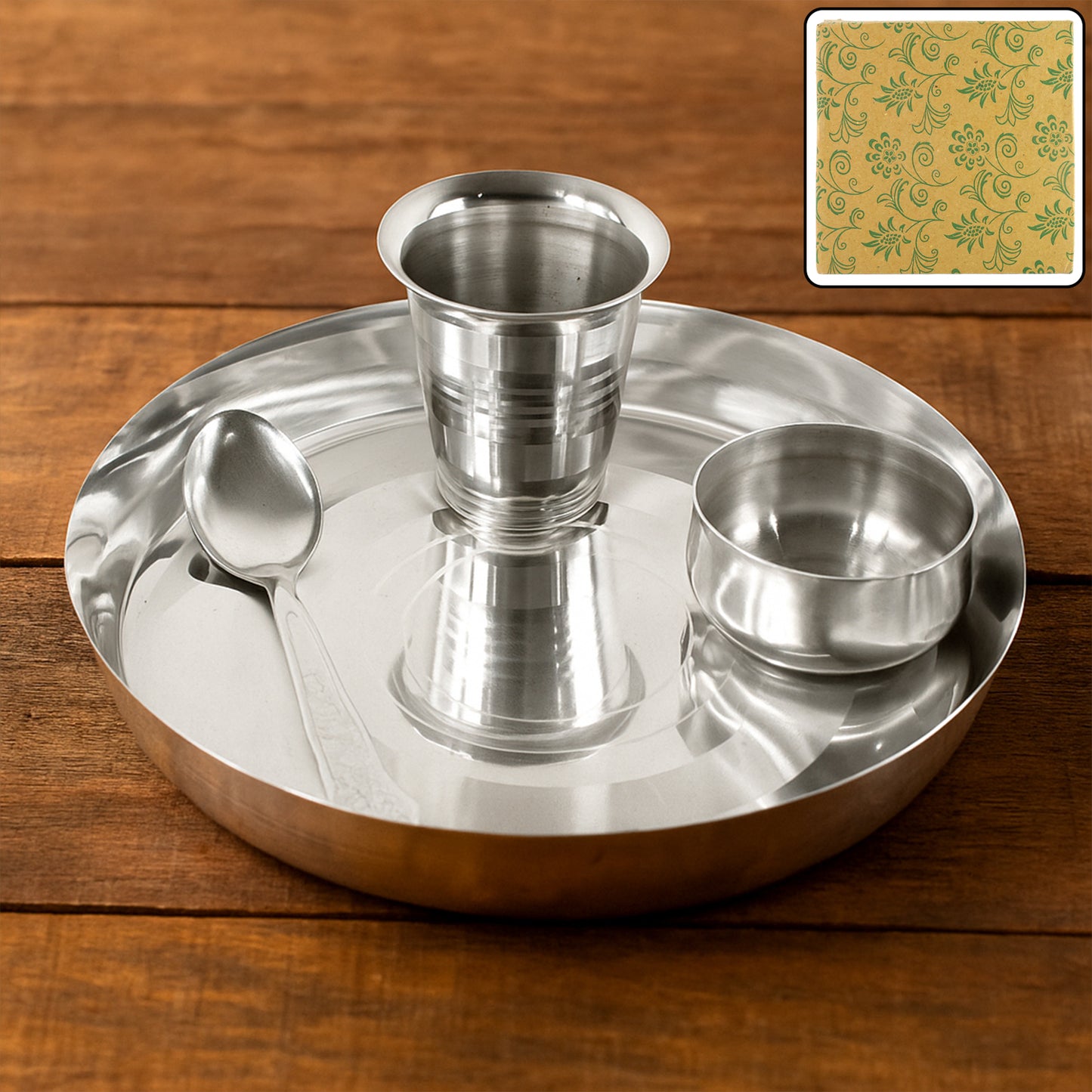 Set of stainless steel Pooja Thali from Wukusy with traditional religious items for home worship ceremonies.