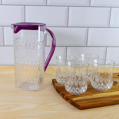 Wukusy Supermom Roma plastic jug with four matching glasses in a 5-piece home and kitchen combo set, shown on a table.