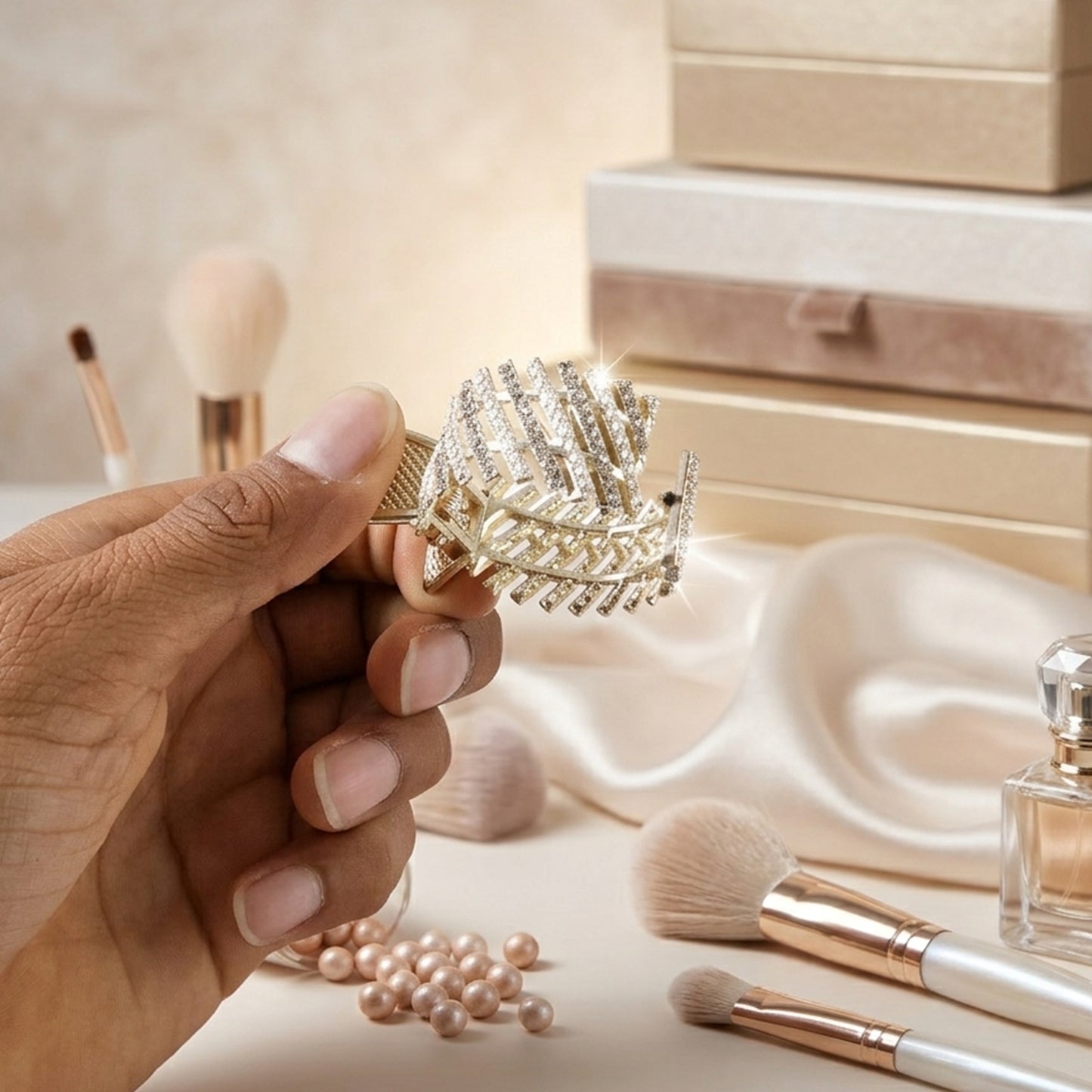 Wukusy premium pearl studded metal hair claw clip, stylish and durable hair accessory, shown holding hair in a natural style.
