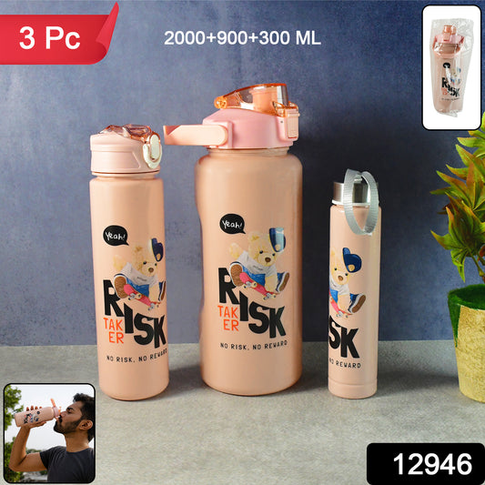 Three Wukusy cartoon printed water bottles set for home and kitchen, featuring colorful character designs and secure screw-on lids.