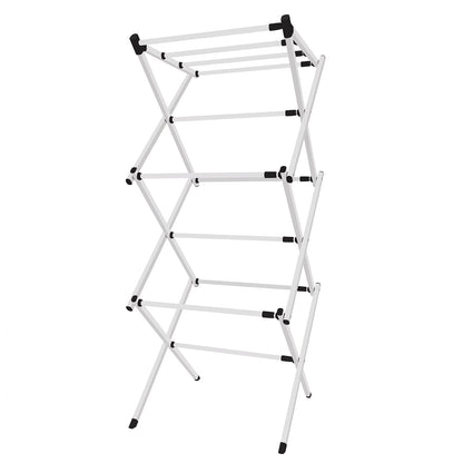 Wukusy metal foldable clothes drying rack with three tiers, portable laundry stand for indoor and outdoor drying.